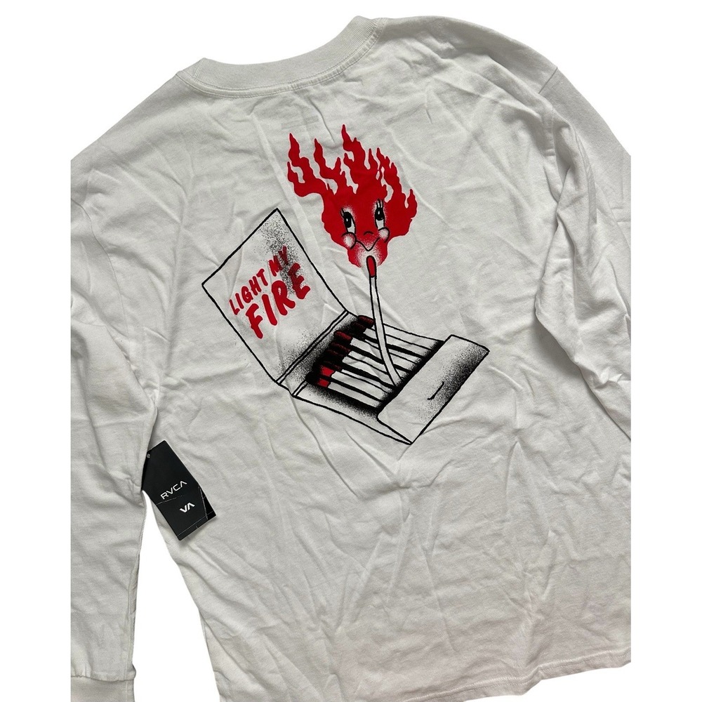 New RVCA Light‎ My Fire Long Sleeve Cotton White Relaxed Fit Shirt Size M